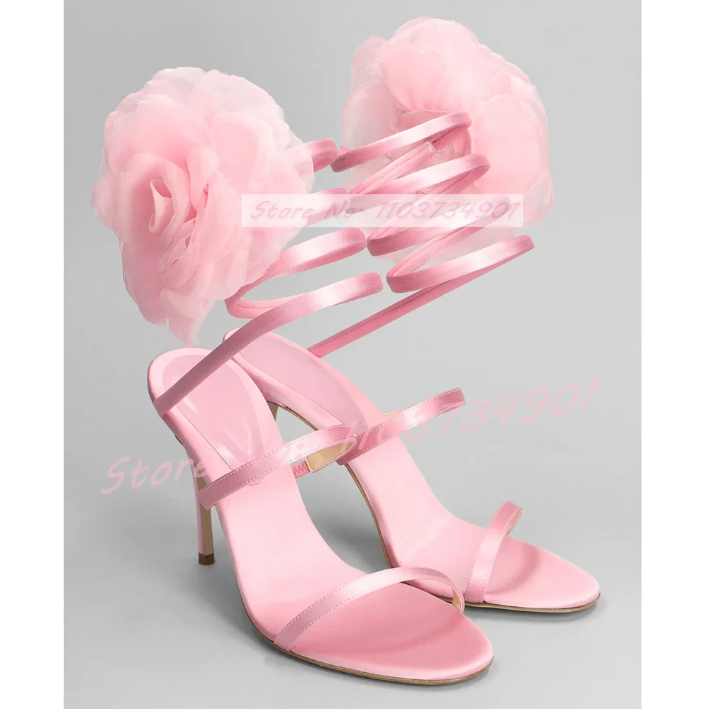 Crossfit Ladies - รองเท้าแตะสายรัดส้นแฟชั่นสำหรับผู้หญิงรองเท้าแตะส้นเข็มกลมทำจากผ้าซาตินหรูหราของหรูหราของผู้หญิงลายดอกไม้สีชมพู